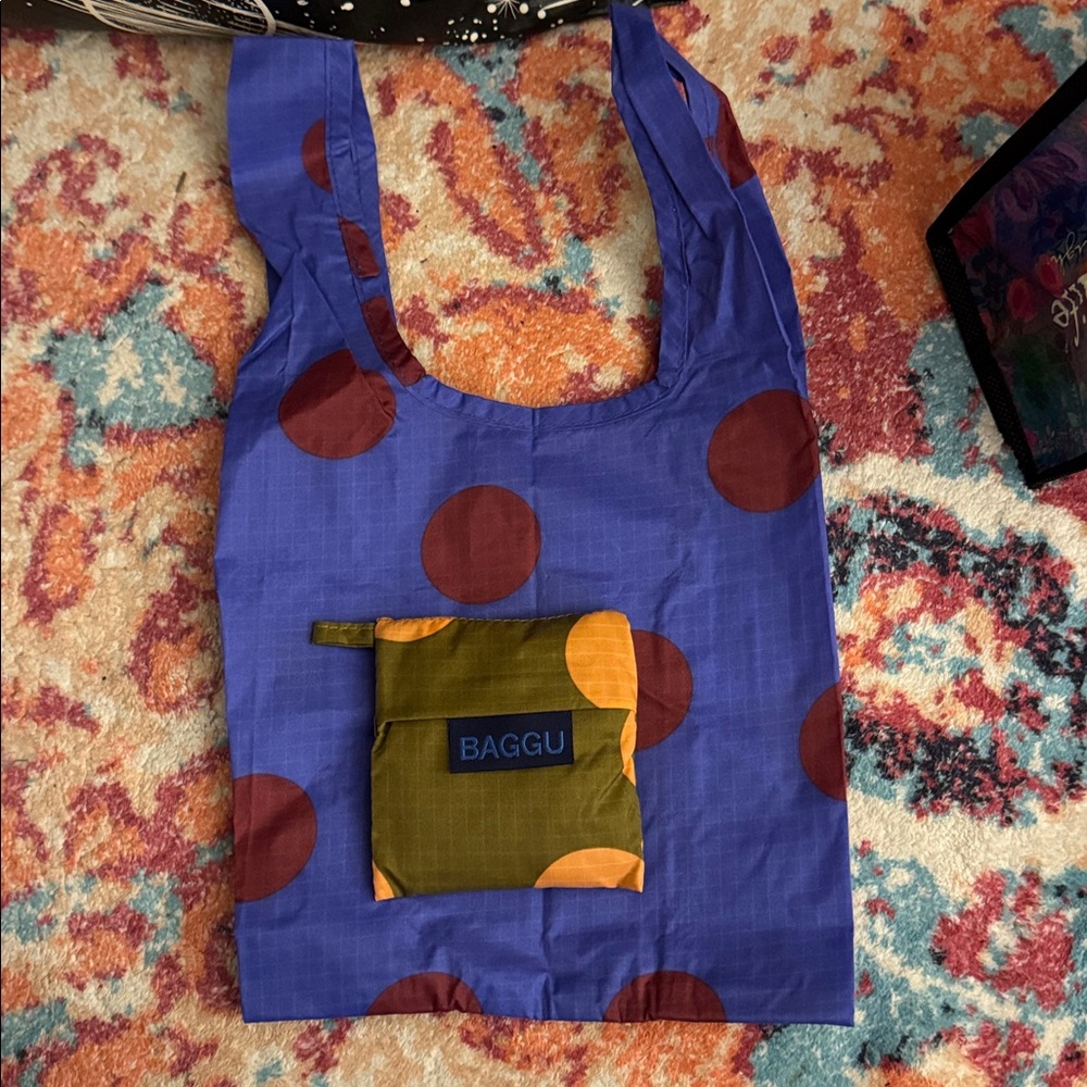 BAGGU Blue Tote with Brown Dots and Pouches